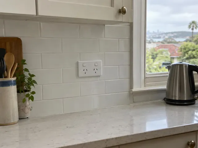 New double power point on tiled kitchen splashback beside a window in Bellevue Hill