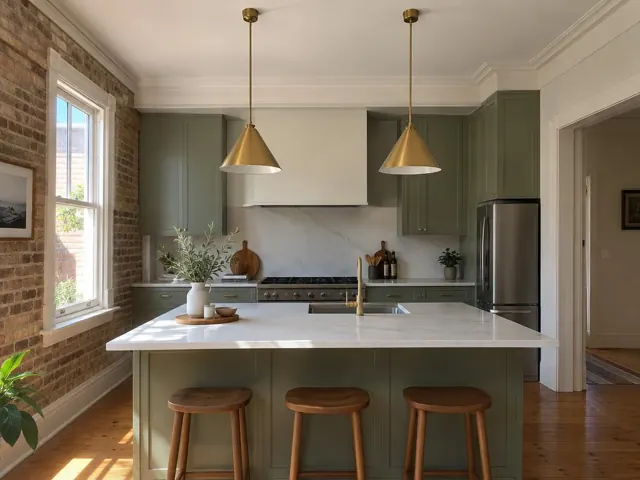 Two brass pendant lights over a kitchen island in a modern home with brick walls and green cabinets in Paddington