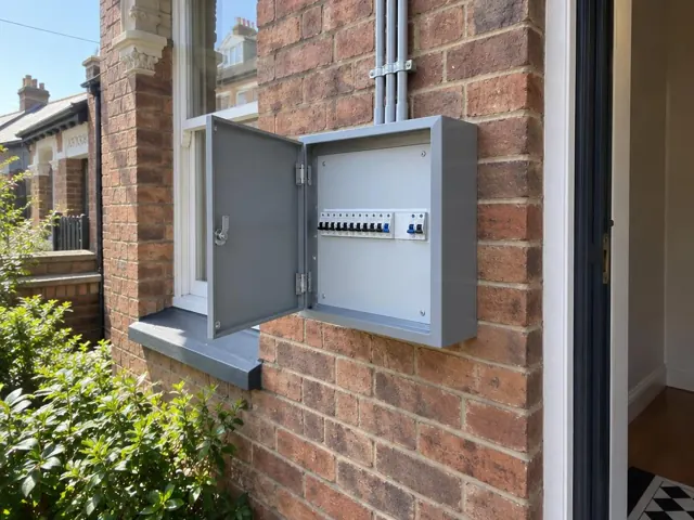 Open exterior switchboard mounted on a brick wall beside a window in Double Bay